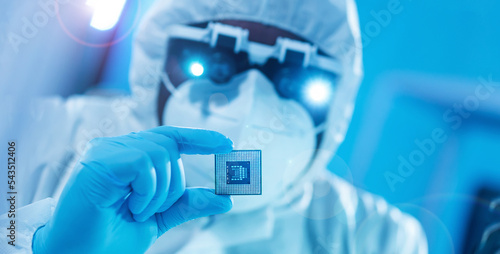 Photography African-American scientist works in a modern scientific laboratory for the research and development of microelectronics and processors