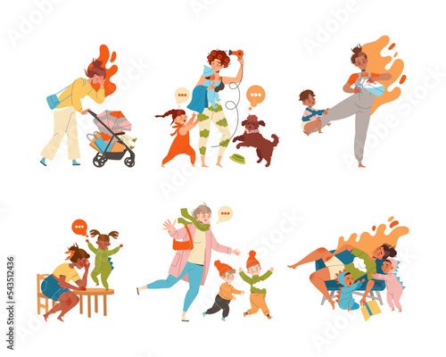 Tired Mom with Naughty Kid Feeling Stress and Exhaustion of Multitasking Vector Set
