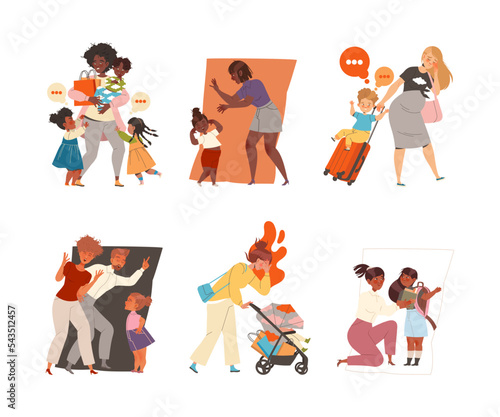 Tired Mom with Naughty Kid Feeling Stress and Exhaustion of Multitasking Vector Set