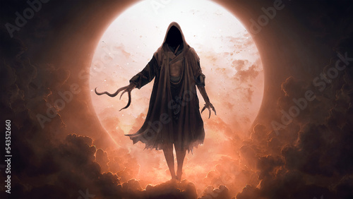 Photo Horror demon above the clouds with tentacle hand and a hood