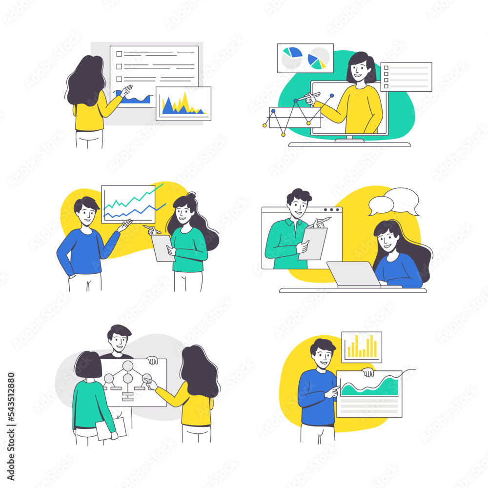 Online Conference with Man and Woman Talking Via Internet Platform Outline Vector Set Online Conference with Man and Woman Talking Via Internet Platform Outline Vector Set
