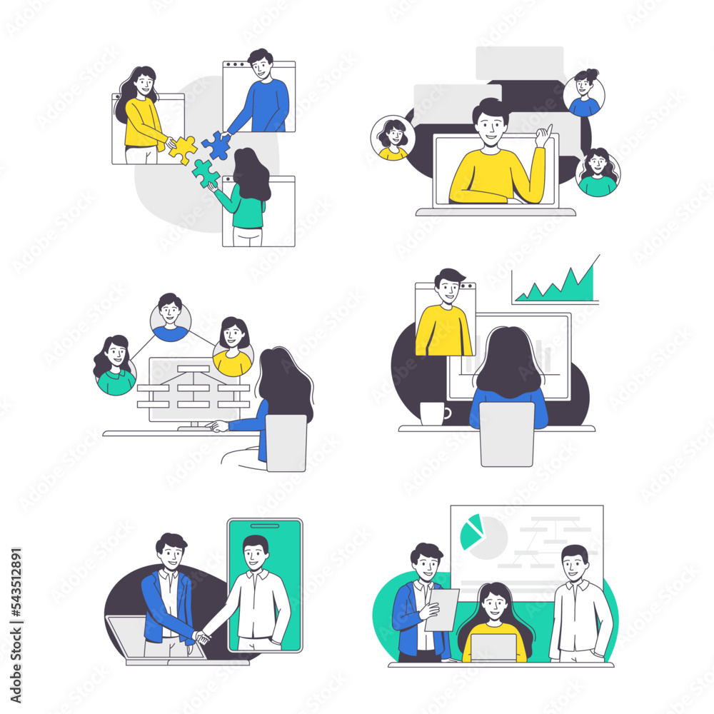 Online Conference with Man and Woman Talking Via Internet Platform Outline Vector Set