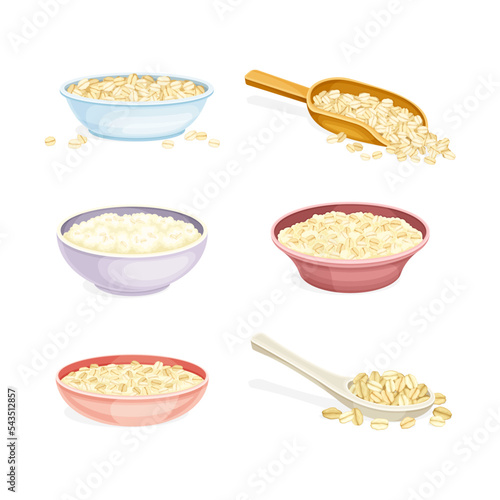 Oatmeal as Whole-grain Food and Cereal in Bowl and Scoop Vector Set