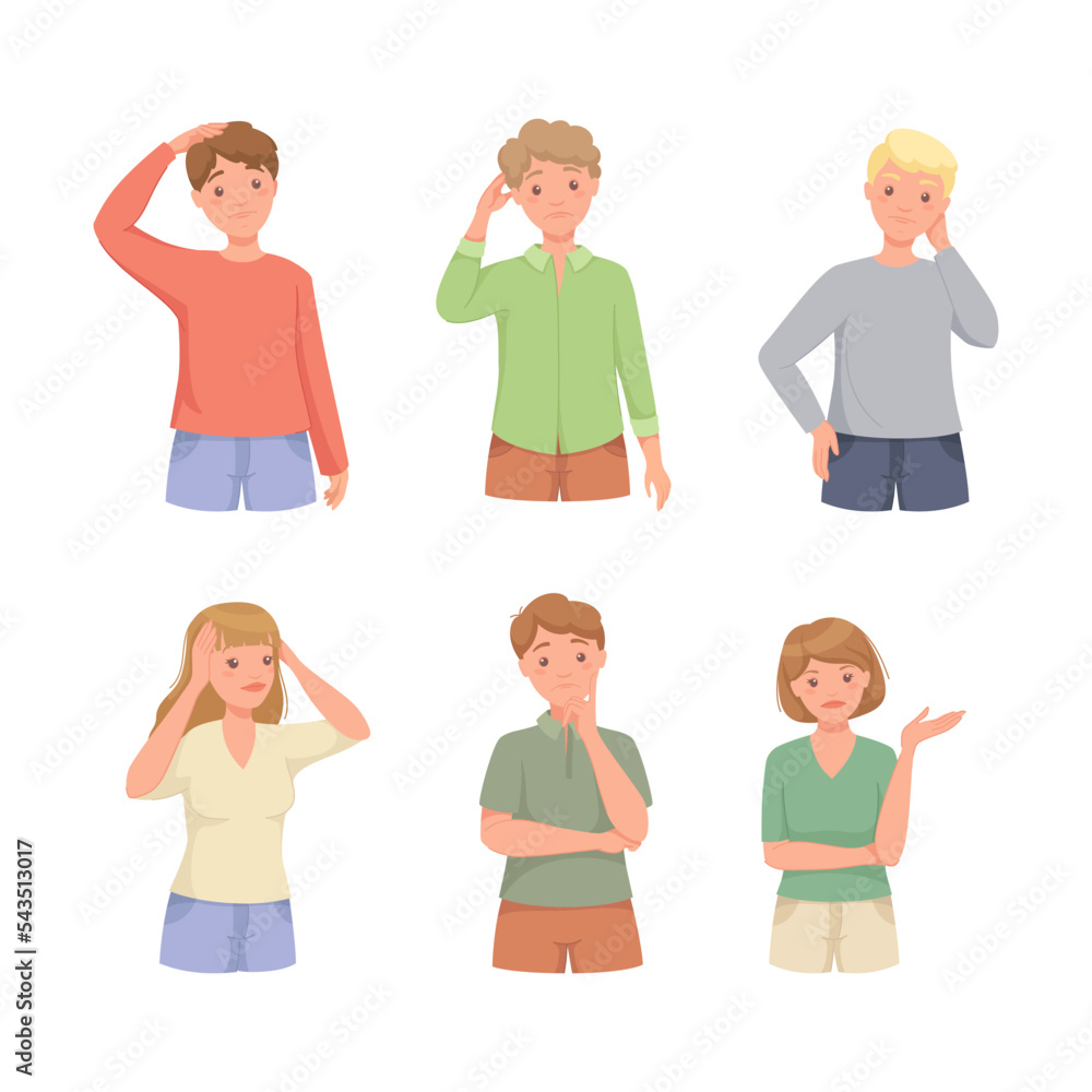 Pensive People Character Scratching Head Thinking and Considering Something Vector Set Pensive People Character Scratching Head Thinking and Considering Something Vector Set