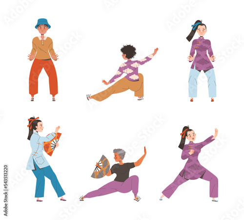 People Character Practicing Tai Chi and Qigong Exercise as Internal Chinese Martial Art Vector Illustration Set