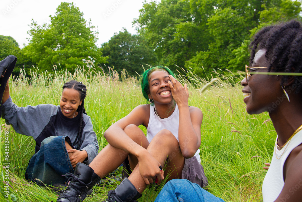 Three black non binary friend sat in the park laughing and talking ...