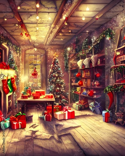 In the Christmas toy factory, elves are busy making toys. Some of the elves are painting dolls, while others are constructing wooden train sets. The workshop is filled with the sound of hammering and 
