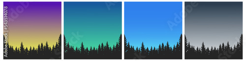 Seamless forest with northern lights in the mountains. Pine and spruce outdoor horizon banner gradient background. Vector illustration