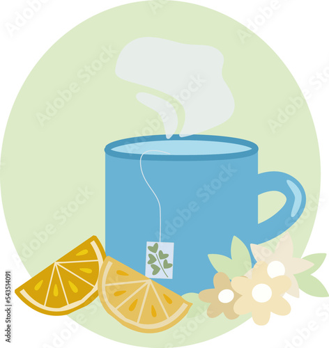A cup of fragrant tea with jasmine flowers and leaves and lemon slices