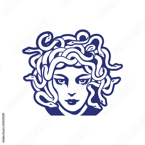 Icon of a woman's face with snakes on her head on a white color background
