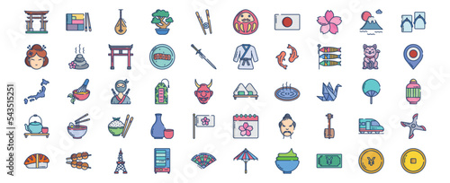 Collection of icons related to Japan country and culture icon set, including icons like Bento, Biwa, Bonsai, Chop stick and more. vector illustrations, Pixel Perfect set