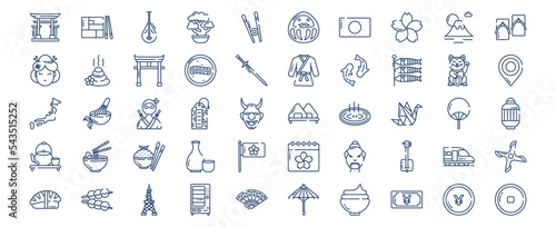 Collection of icons related to Japan country and culture icon set, including icons like Bento, Biwa, Bonsai, Chop stick and more. vector illustrations, Pixel Perfect set