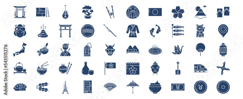 Collection of icons related to Japan country and culture icon set, including icons like Bento, Biwa, Bonsai, Chop stick and more. vector illustrations, Pixel Perfect set