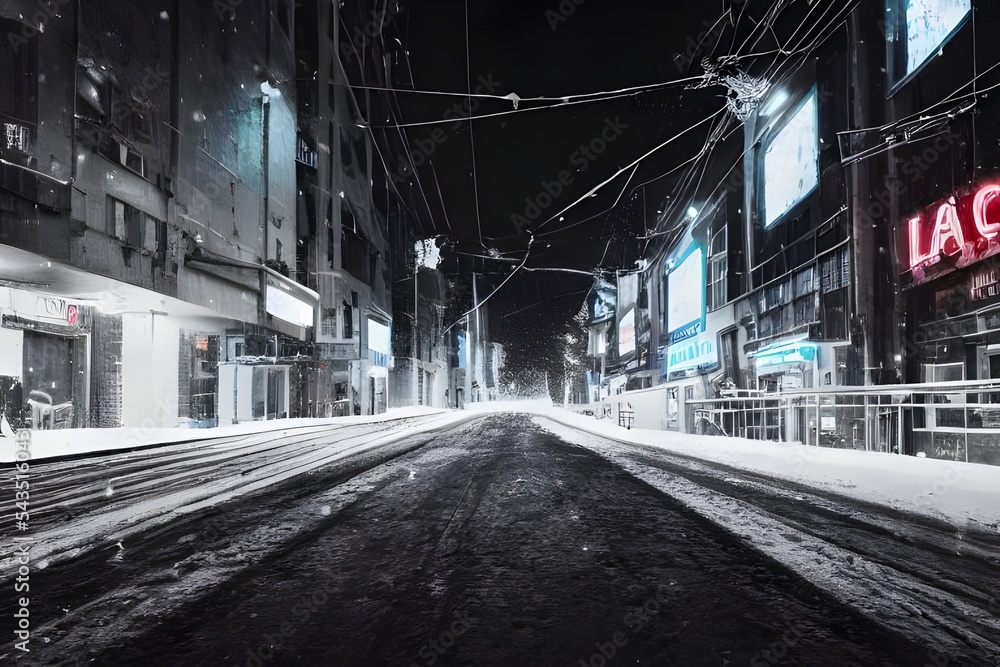 Obraz premium In the city, snow is falling gently onto the sidewalks and cars. The air is cold but there is a warm glow coming from the windows of the tall buildings. Streetlights shine brightly in the darkening ni