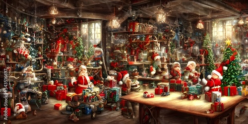 The Christmas toy factory is a bustling place, full of elves and toys. The shelves are lined with rows of brightly-colored balls and dolls, and the air is thick with the smell of pine needles and ging