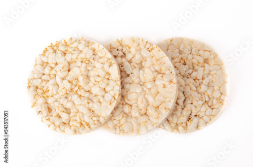 Crispbread.Puffed rice bread isolated on white background. dietary crispy round rice cakes.