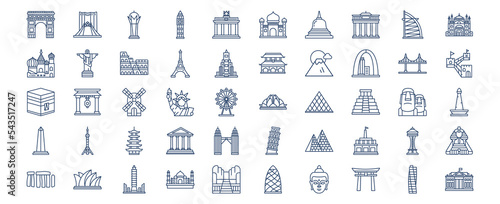 
Collection of icons related to World famous landmarks, including icons like Taj Mahal, Taipei, Torii and more. vector illustrations, Pixel Perfect set
