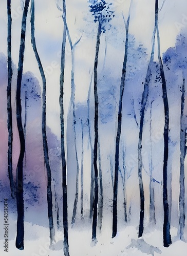 In this watercolor painting  a forest is depicted in shades of blue and white. The trees are lined up neatly in rows  and the snow is freshly fallen. There is a sense of peace and quietude here  it fe