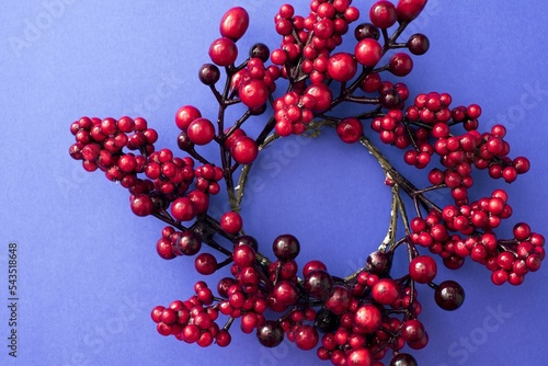 High angle of circular Christmas wreath decoration on purple background with space for a greeting