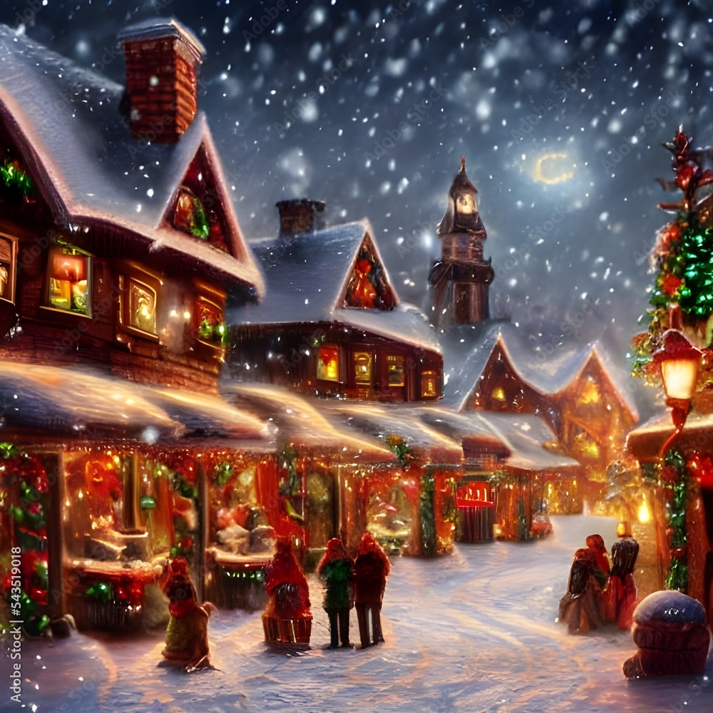 The winter christmas village is a beautiful sight. The houses are all covered in snow, and the lights twinkle brightly. There is a snowy path leading up to the church, and evergreen trees line the way