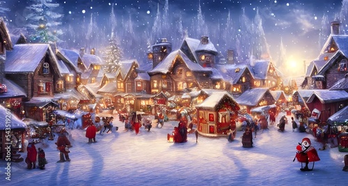 It's a winter christmas village scene. There are houses with snow on the rooftops and smoke coming out of the chimneys. The trees are all covered in white, fluffy snow and there's a big red barn in th