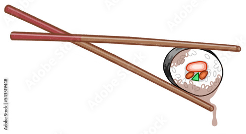 Roll is held with chopsticks