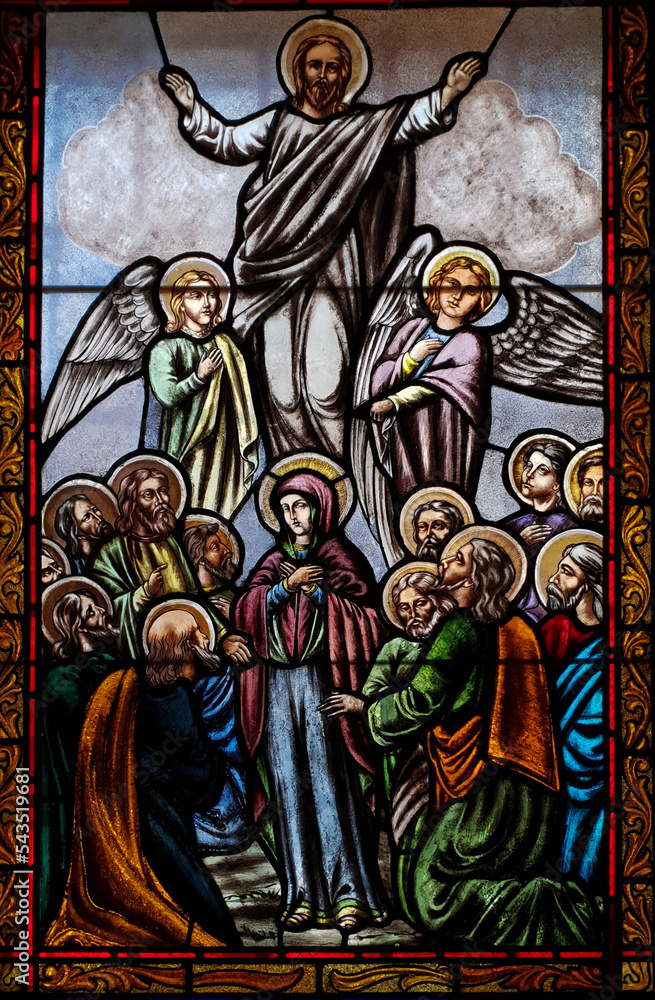 Stained glass window representing the ascension of the Lord in cathedral from Targu Mures city Romania 