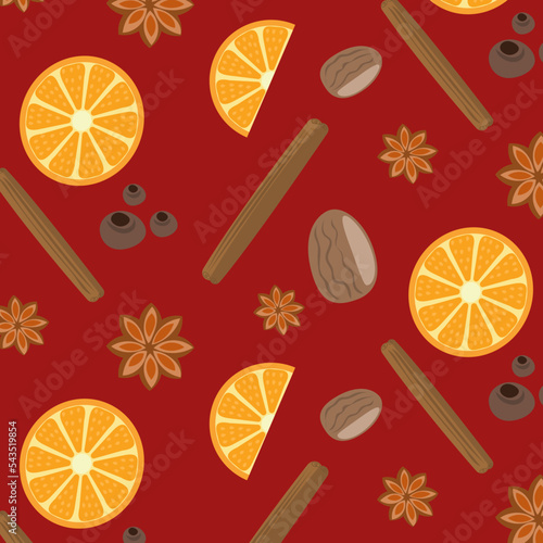Christmas, spices, seamless, vector, patter, mulled, wine, recipe, ingredients, cinnamon, muskat, cloves, anis, oranges, winter, drink, food