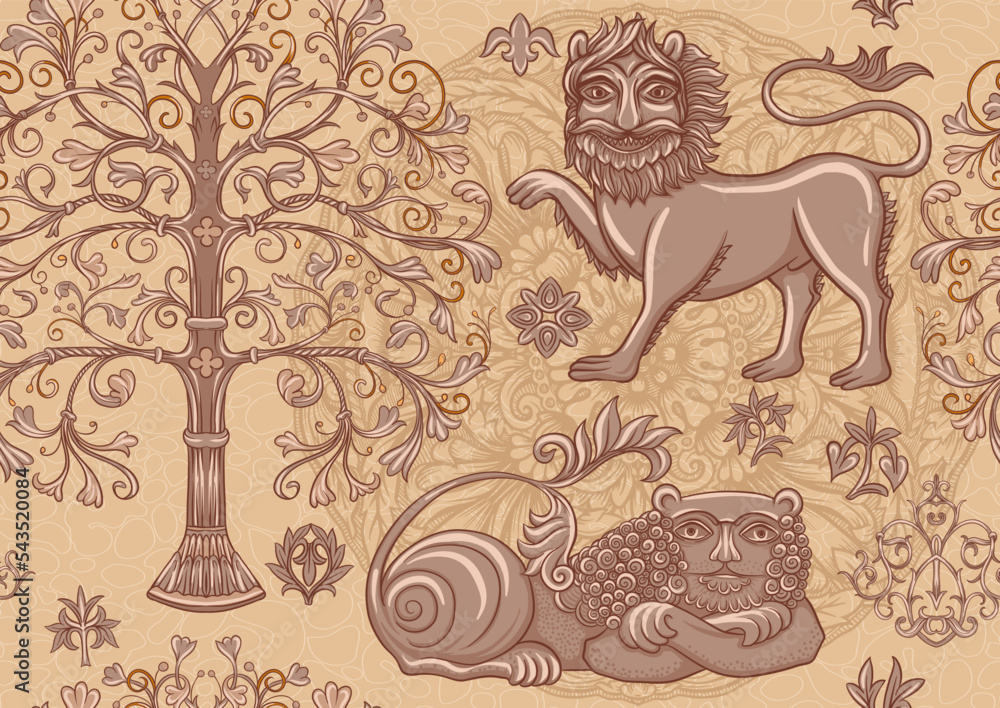 Fototapeta premium Byzantine traditional historical motifs of animals, birds, flowers and plants. Seamless pattern in kraft and beige colors. Vector illustration.