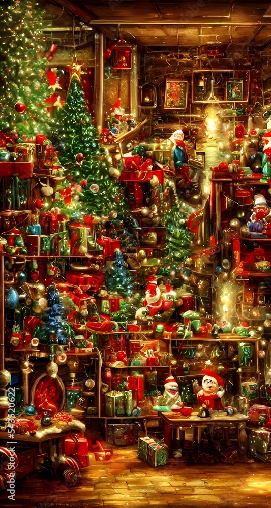 A large group of elves are hard at work in a vast and imposing toy factory. It's Christmas time, and the factory is abuzz with excitement as the elves rush to finish making all the toys for good girls