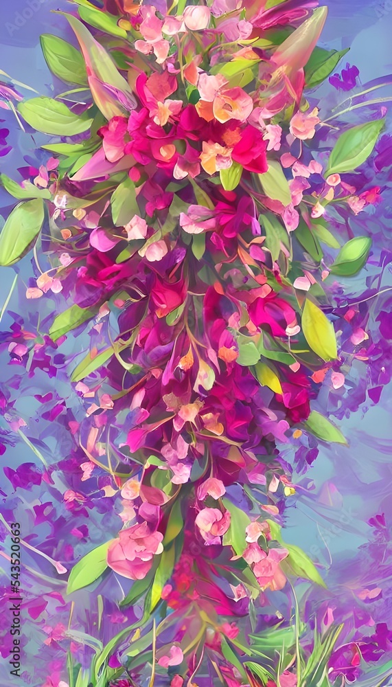 The illustration is of blooming flowers in a bright and vibrant array of colors. The scene is cheerful and serene, with the petals fluttering in a gentle breeze.
