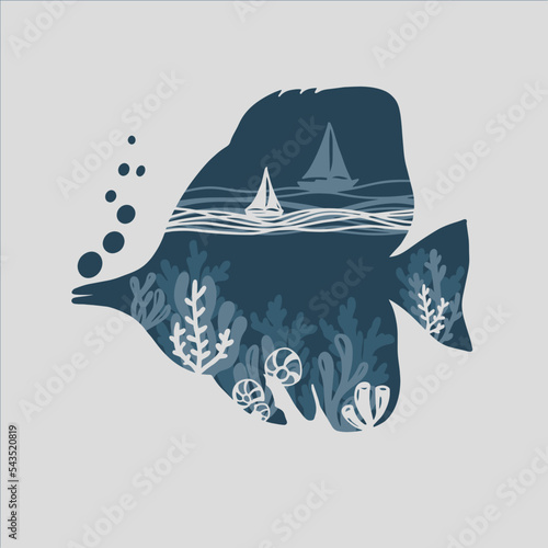 3D Fish bear layered paper cut style. Ship vector illustration. Forest Shadow box eps. Vector layout template for greeting cards, flyers, posters, invitations.
