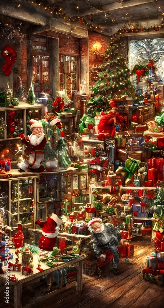It's a chilly winter night and Santa's elves are hard at work in the toy factory. The conveyor belt is moving steadily, stacking colorful boxes full of toys. There's a lot of hustle and bustle as the