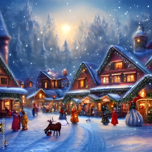 It's a scene of a winter christmas village. The houses are all frosted with snow, and the trees are decorated with lights. There's a sense of peace and tranquility in the air.