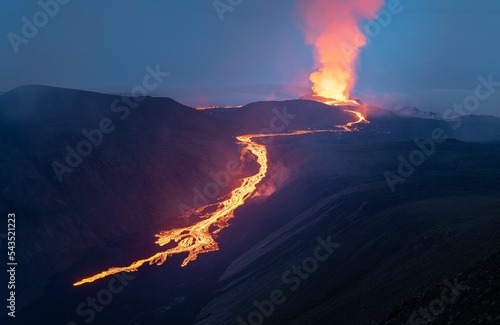 Fotografie, Tablou Scenic aerial shot of the erupting Fagradalsfjall volcano in Iceland in the even