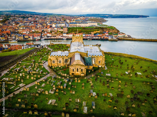 Morning view of Whitby, a seside city overlooking the North Sea in North Yorkshire, England photo