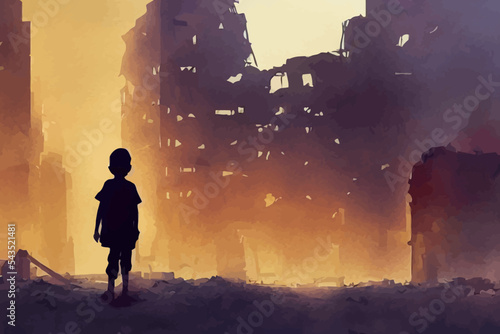 watercolour painting of a malnourished child, famine, destroyed city, war