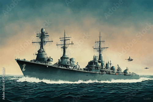 Print op canvas llustration of a world war two naval battleship boat.
