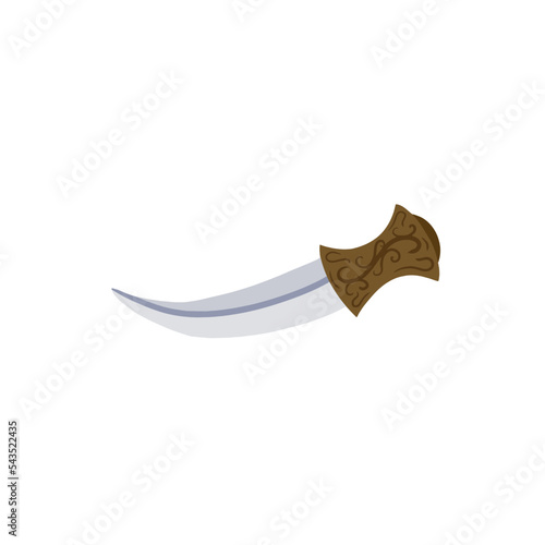 Arab dagger with curved blade. Omani culture and weapons. Yemeni knife with ornament. Flat illustration