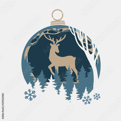 Merry Christmas Reindeer 3D layered paper cut style. Reindeer vector illustration. Christmas Shadow box eps. Vector  layout template for greeting cards, flyers, posters, invitations.