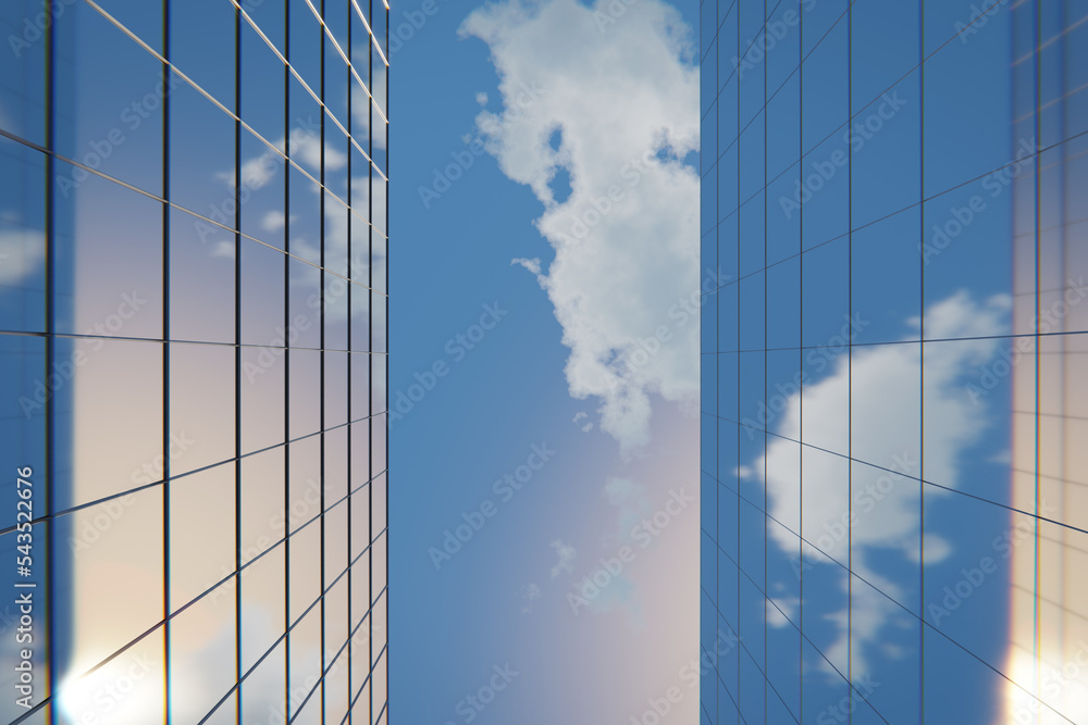 Modern glass skyscrapers, view from below looking up on clear sky with some clouds and reflections on windows, clean copyspace. 3d rendering Modern glass skyscrapers, view from below looking up on clear sky with some clouds and reflections on windows, clean copyspace. 3d rendering