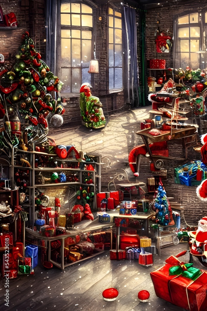 It is a winter wonderland in the Christmas toy factory. The sparkling lights of the tree reflect off of the shiny new toys that are being made for children all over the world. Santa's elves are busy a
