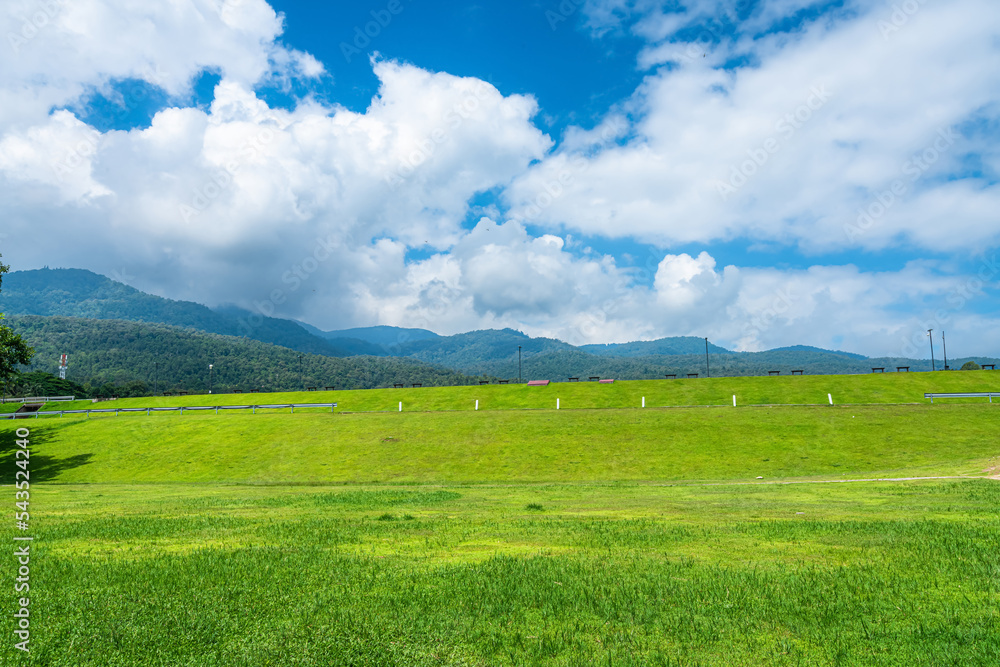 beautiful landscape green grass with in nature forest Mountain views spring with air atmosphere bright blue sky background abstract clear background texture with white clouds. beautiful landscape green grass with in nature forest Mountain views spring with air atmosphere bright blue sky background abstract clear background texture with white clouds.