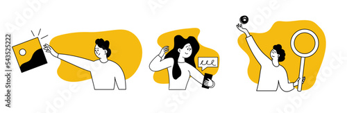 Outsourcing idea set vector illustration concept. Corporate work online and strategy marketing network. Process telework and brainstorm worker. Human communication and development outsource
