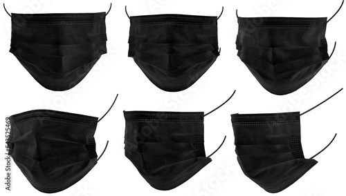 Medical mask or surgical earloop mask isolated on white background with clipping path. Medical mask black color isolated on white background. Doctor mask different viewing angles photo