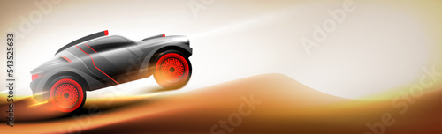 Buggy rally sports car bashing and jumping in desert on panoramic sunny sandy background. Car extreme sport, safari off road competition horizontal banner vector illustration.