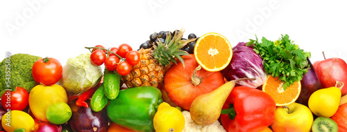 vegetables and fruits isolated on white background. Wide photo.