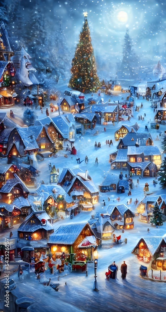 A winter christmas village is a festive scene that typically includes houses and stores made of gingerbread, candy canes, and other sweet treats. The roofs are lined with icicles and the ground is oft