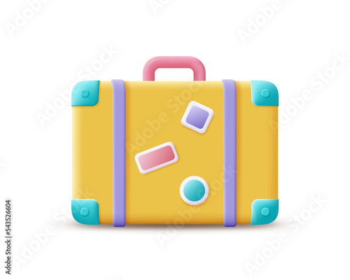 3D luggage, vacation icon. Render yellow suitcase for holiday, tourism, travel, booking and time to travel concept. 3d luggage vector cartoon minimal illustration