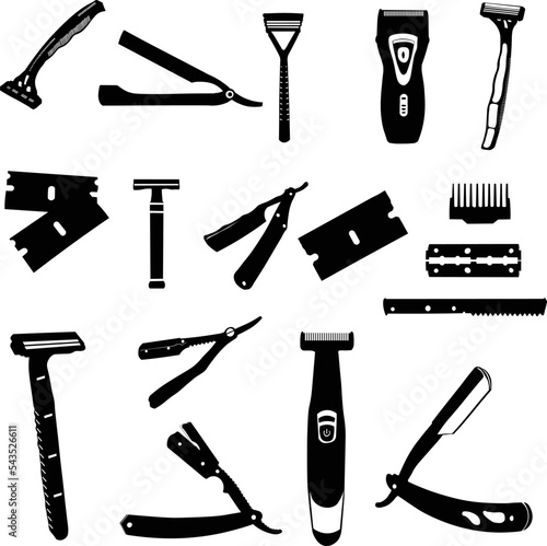 Collection of black silhouettes of barber shop tools on white background
